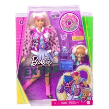 Barbie EXTRA Baba pink szőrmés  dzsekiben görkorcsolyás mackóval 