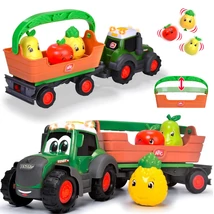 Daloló és Világító Traktor Levehető Utánfutóval, Kosárral és 3 Gyümölccsel - 12 Hónapos Kortól