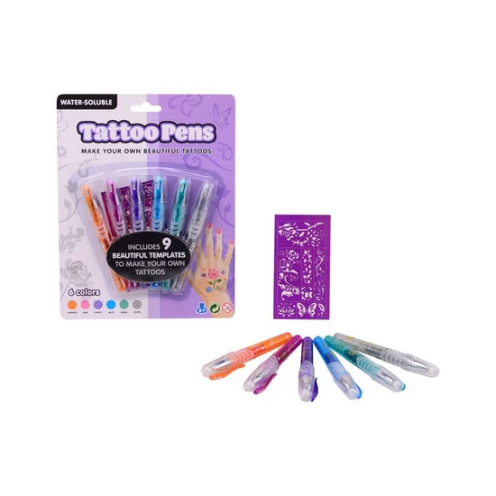Csillámos Tetováló Zselés Tollak 6 db - Sablonnal
